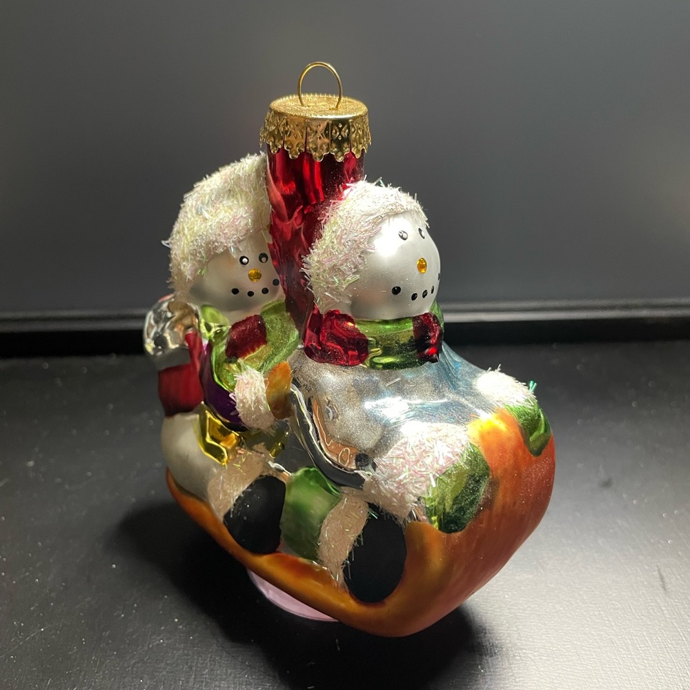 Glass Pair Of Snowman On A Sled Delivering Presents Vintage Ornament By G&D 4”